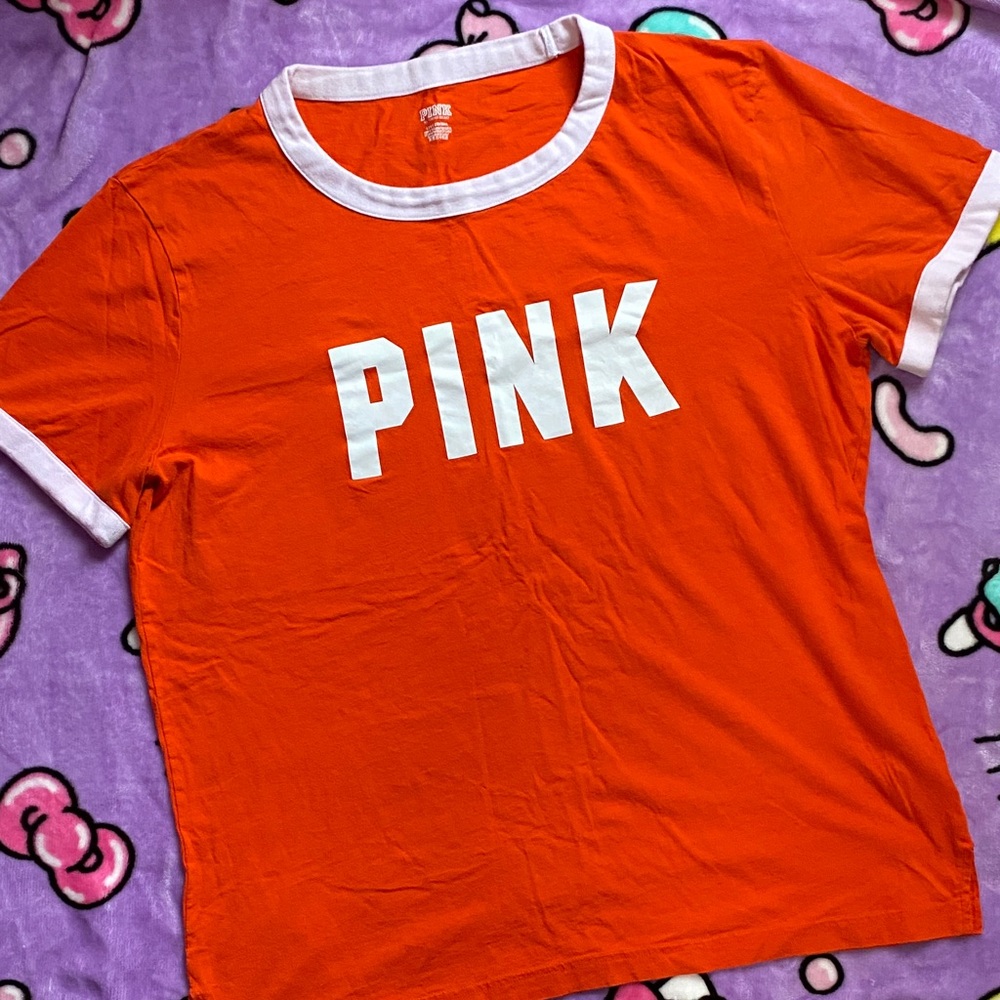 PINK ✨ Victoria's Secret Vibrant Orange Tee with White Accents size Large